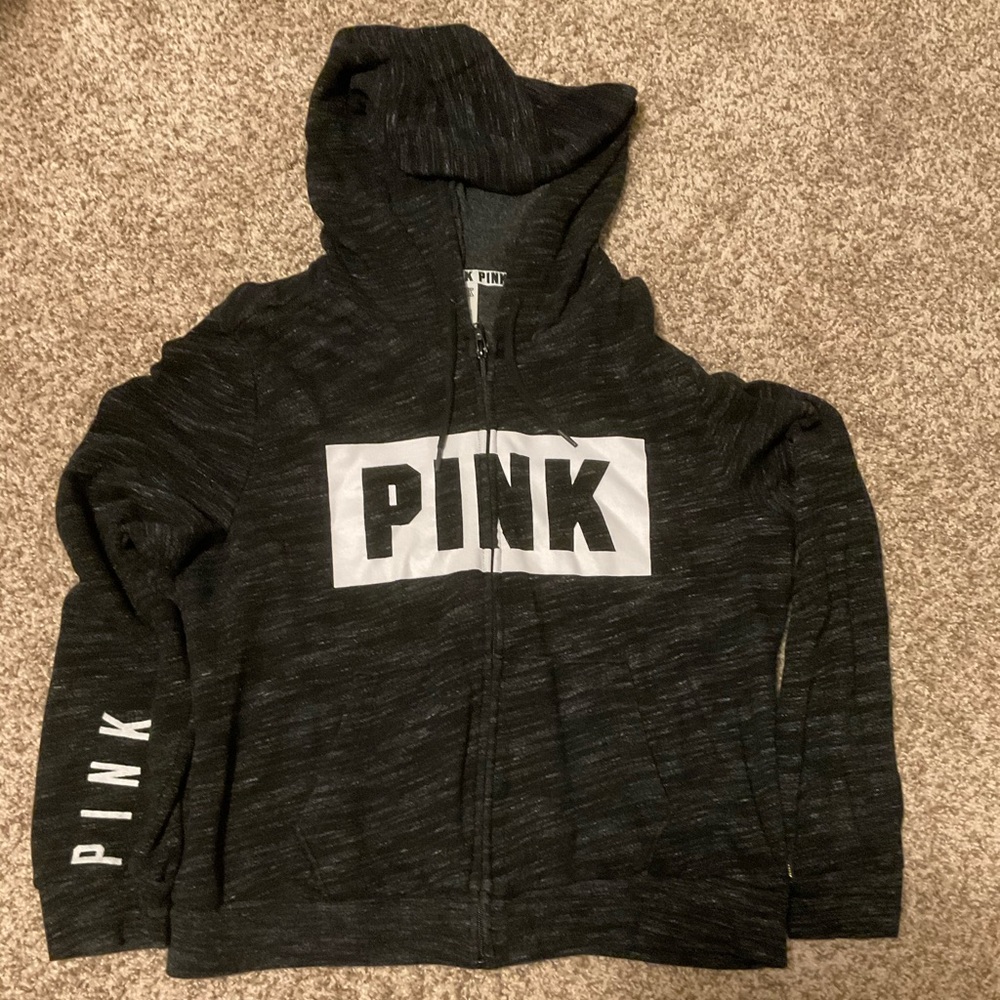 PINK Victoria's Secret Black Marled Full-Zip Hoodie with White Logo